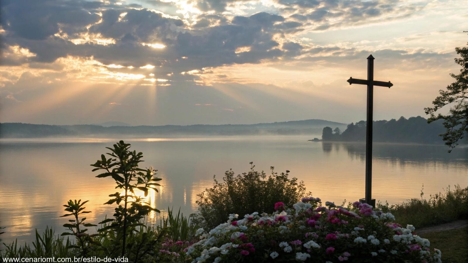 Um nascer do sol sereno sobre um lago calmo com uma silhueta de cruz em primeiro plano, cercado por flores desabrochando e raios de luz suaves atravessando as nuvens