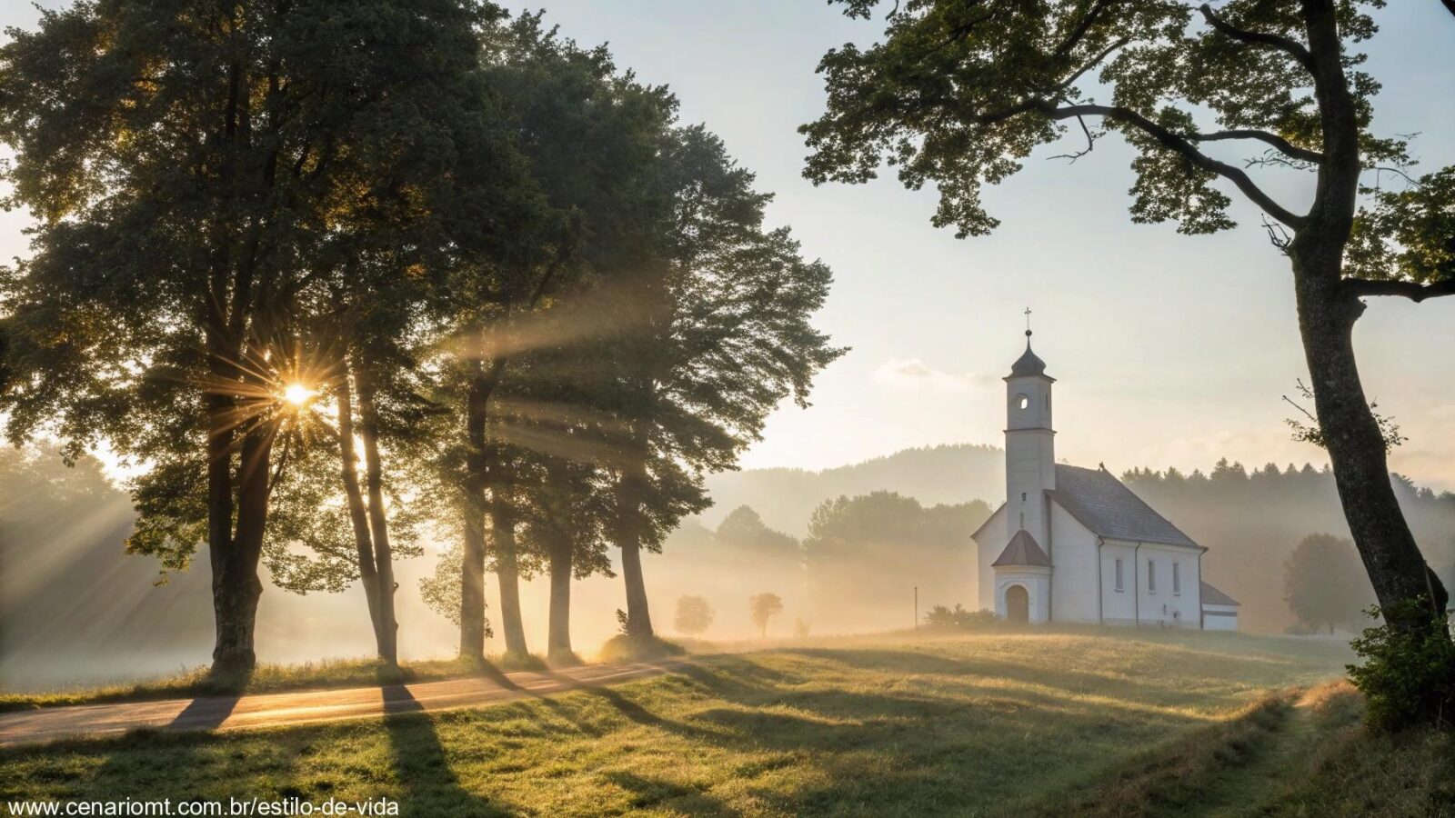 Cena de manhã tranquila com luz suave do sol e uma igreja ao fundo, simbolizando esperança e fé.