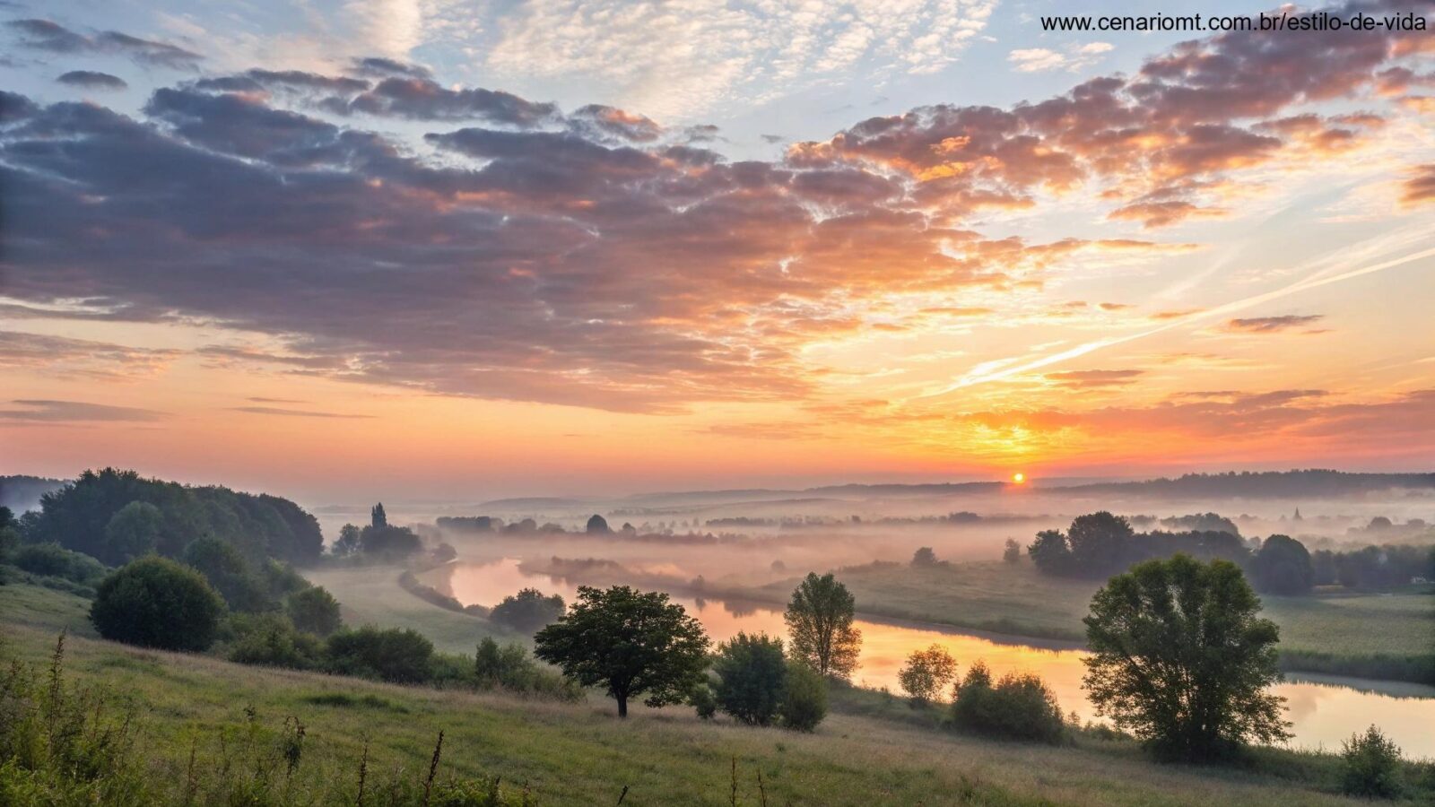 Imagem de uma manhã tranquila com o nascer do sol sobre uma paisagem serena, representando um novo começo.
