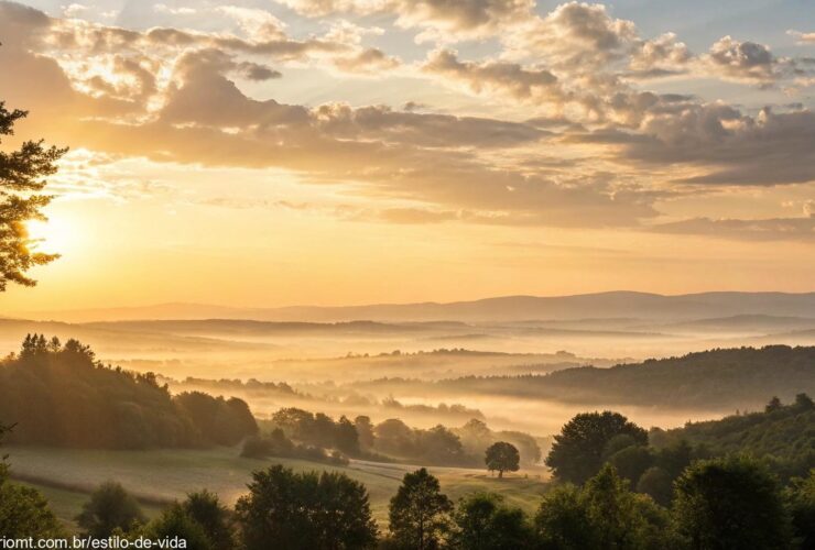Imagem serena de um amanhecer sobre uma paisagem tranquila, simbolizando esperança e espiritualidade para a manhã de sexta-feira.