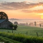 Imagem de um amanhecer tranquilo em uma paisagem rural, com luz suave iluminando um celeiro rústico e um campo verde ao fundo, transmitindo fé e serenidade.
