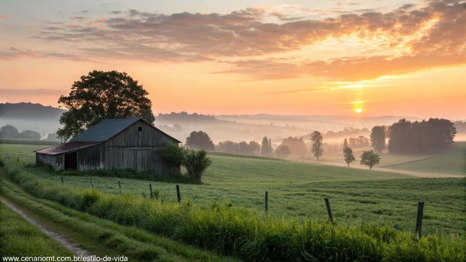 Imagem de um amanhecer tranquilo em uma paisagem rural, com luz suave iluminando um celeiro rústico e um campo verde ao fundo, transmitindo fé e serenidade.