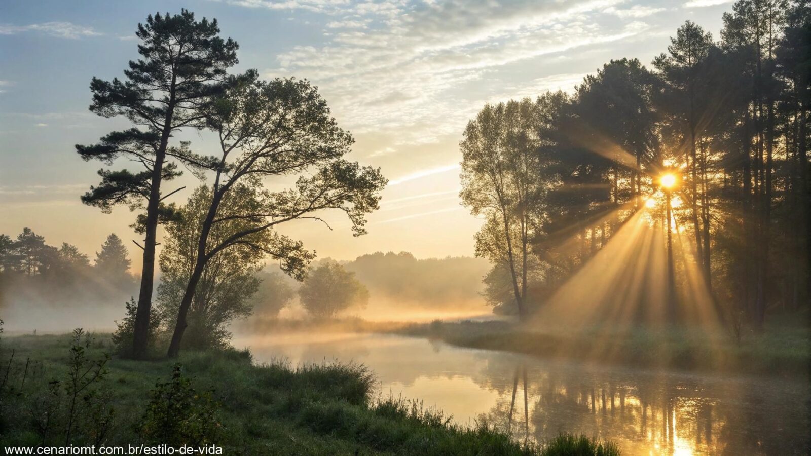 Imagem de uma manhã tranquila com raios de luz suave passando por árvores, criando um ambiente sereno e espiritual.