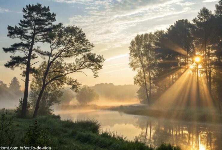Imagem de uma manhã tranquila com raios de luz suave passando por árvores, criando um ambiente sereno e espiritual.