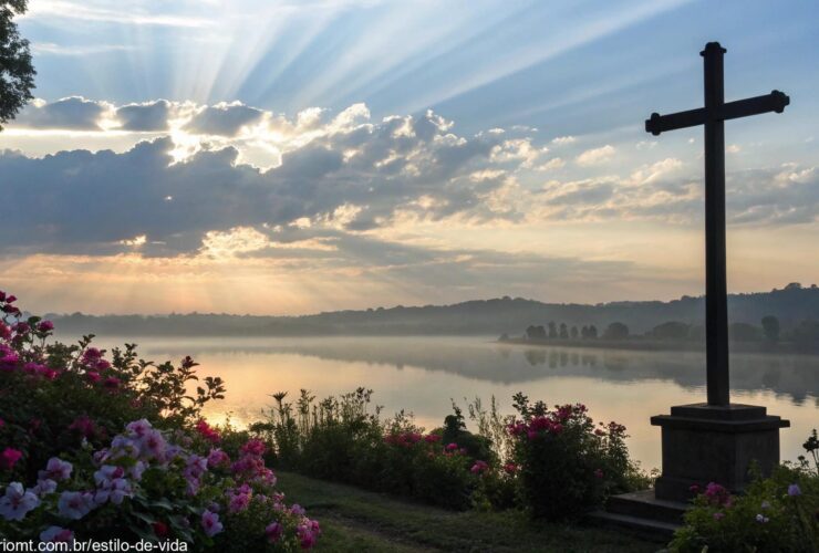 Nascer do sol sereno sobre um lago calmo com uma silhueta de cruz em primeiro plano, cercado por flores desabrochando e raios de luz suaves atravessando as nuvens
