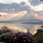 Nascer do sol sereno sobre um lago calmo com uma silhueta de cruz em primeiro plano, cercado por flores desabrochando e raios de luz suaves atravessando as nuvens
