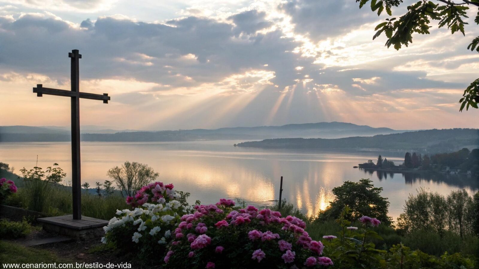 Nascer do sol sereno sobre um lago calmo com uma silhueta de cruz em primeiro plano, cercado por flores desabrochando e raios de luz suaves atravessando as nuvens