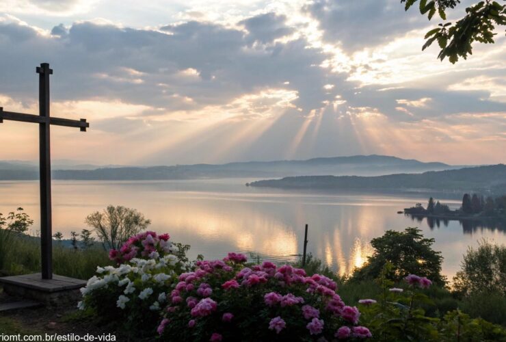 Nascer do sol sereno sobre um lago calmo com uma silhueta de cruz em primeiro plano, cercado por flores desabrochando e raios de luz suaves atravessando as nuvens