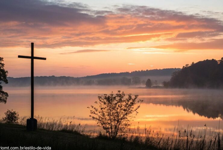 Nascer do sol sereno sobre um lago calmo com uma silhueta de uma cruz em primeiro plano, cercado por luz suave e neblina