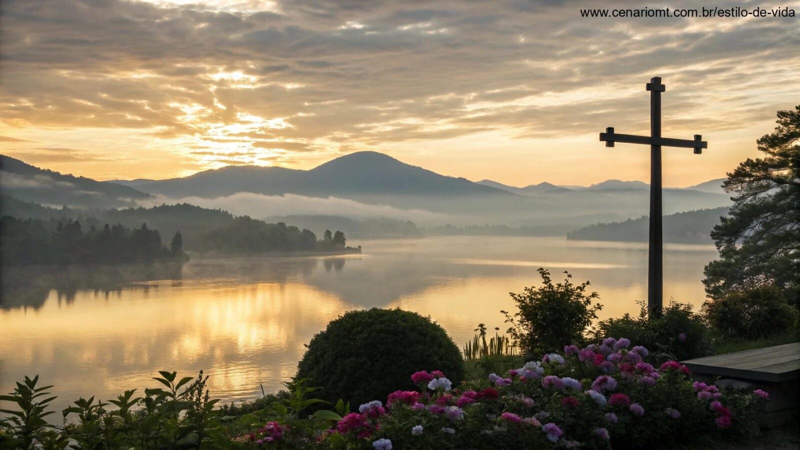 Nascer do sol sereno sobre um lago tranquilo com uma silhueta de cruz em primeiro plano, luz dourada refletindo na água, cercado por montanhas nebulosas e florescendo