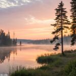 Um nascer do sol sereno sobre um lago calmo com luz suave filtrando através de árvores altas, criando uma atmosfera pacífica e inspiradora