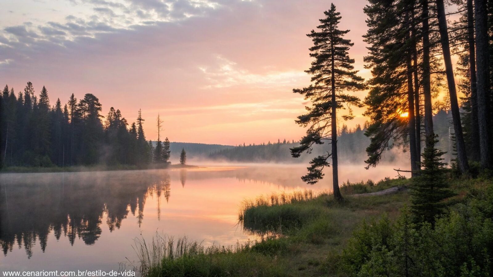 Um nascer do sol sereno sobre um lago calmo com luz suave filtrando através de árvores altas, criando uma atmosfera pacífica e inspiradora