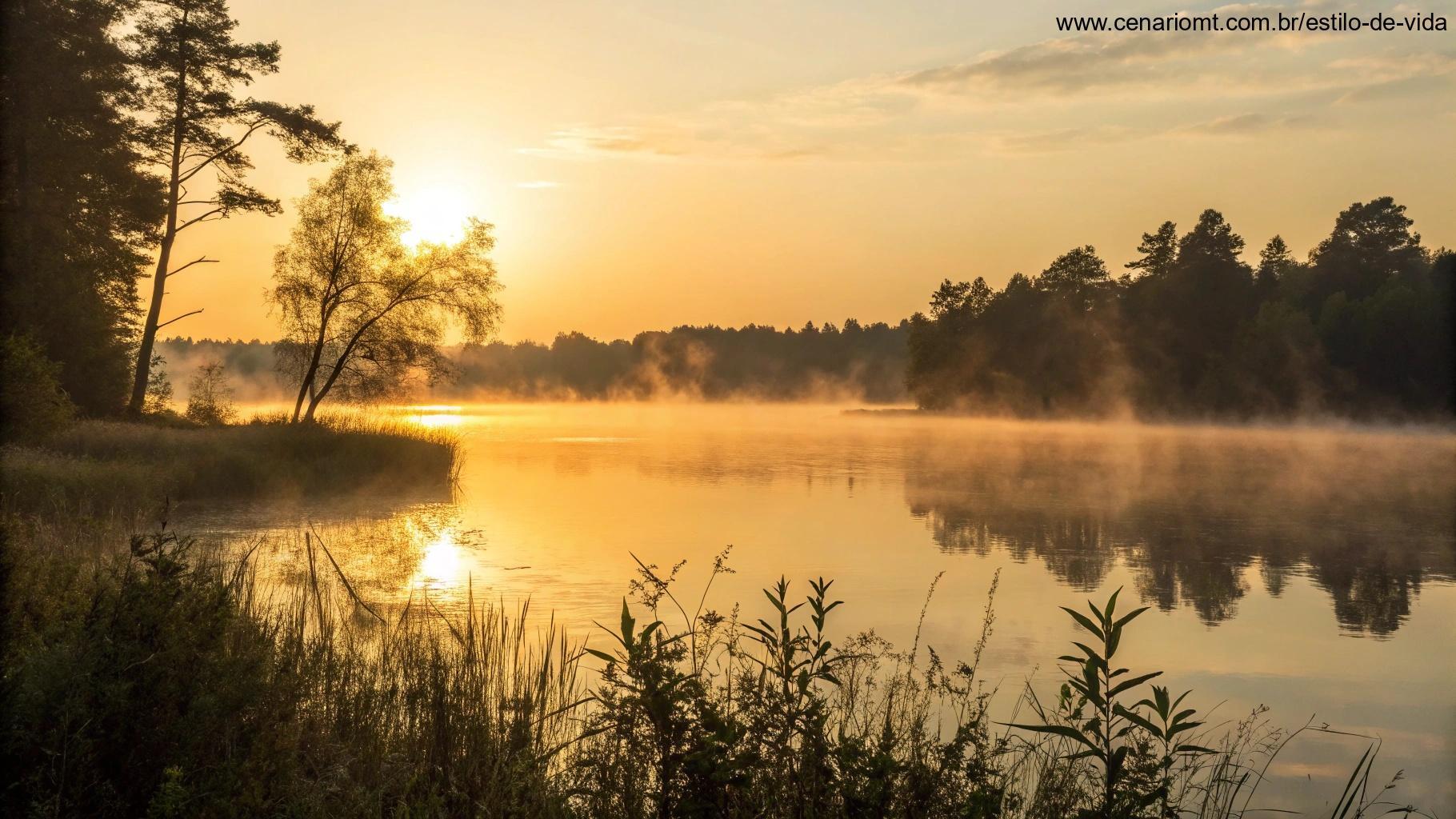 Amanhecer tranquilo sobre um lago, transmitindo gratidão e serenidade.