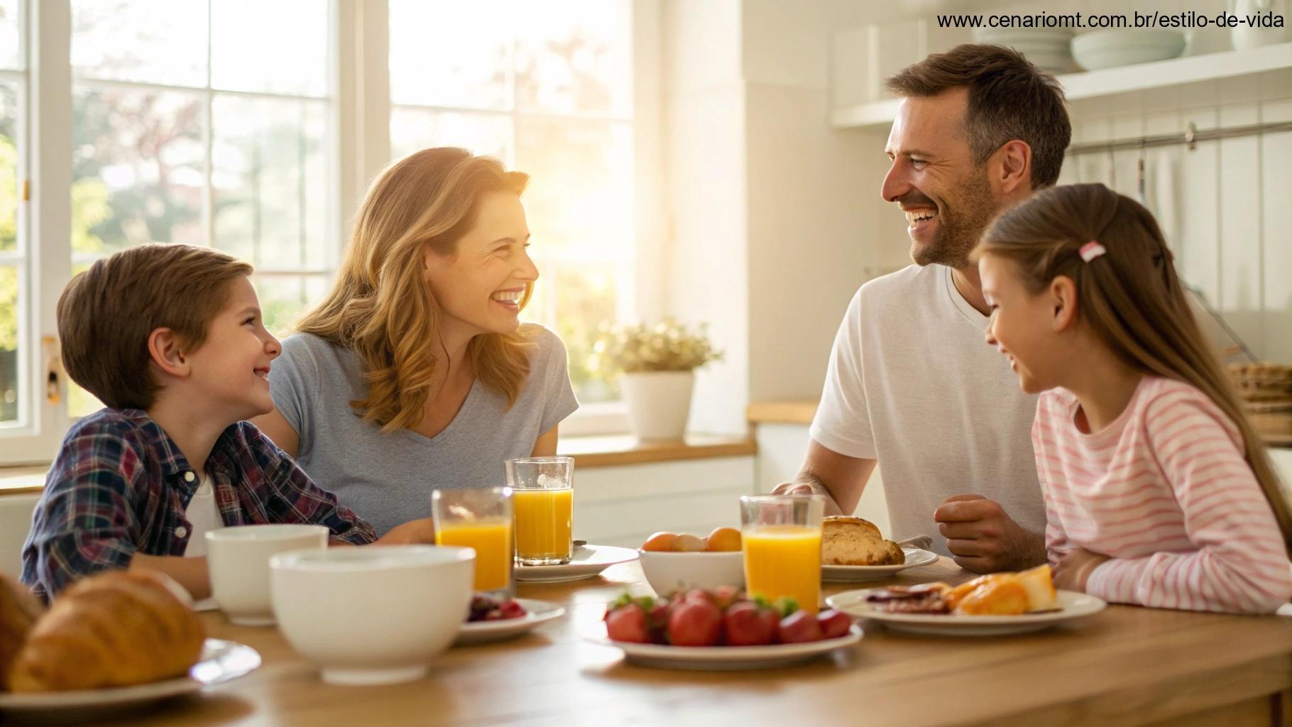 Família reunida à mesa de café da manhã, sorrindo e compartilhando momentos de alegria.