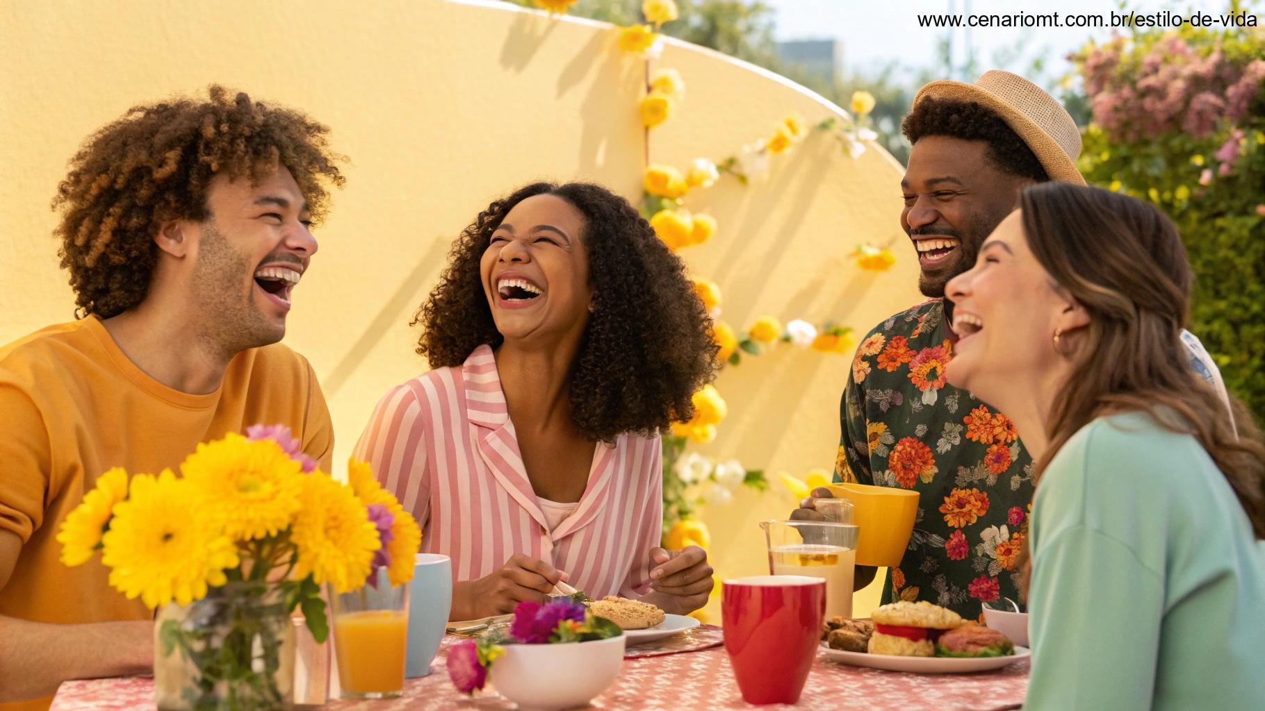 Uma cena alegre de manhã com amigos reunidos ao redor de uma mesa, rindo e compartilhando o café da manhã. Um cenário ao ar livre ensolarado e flores coloridas.