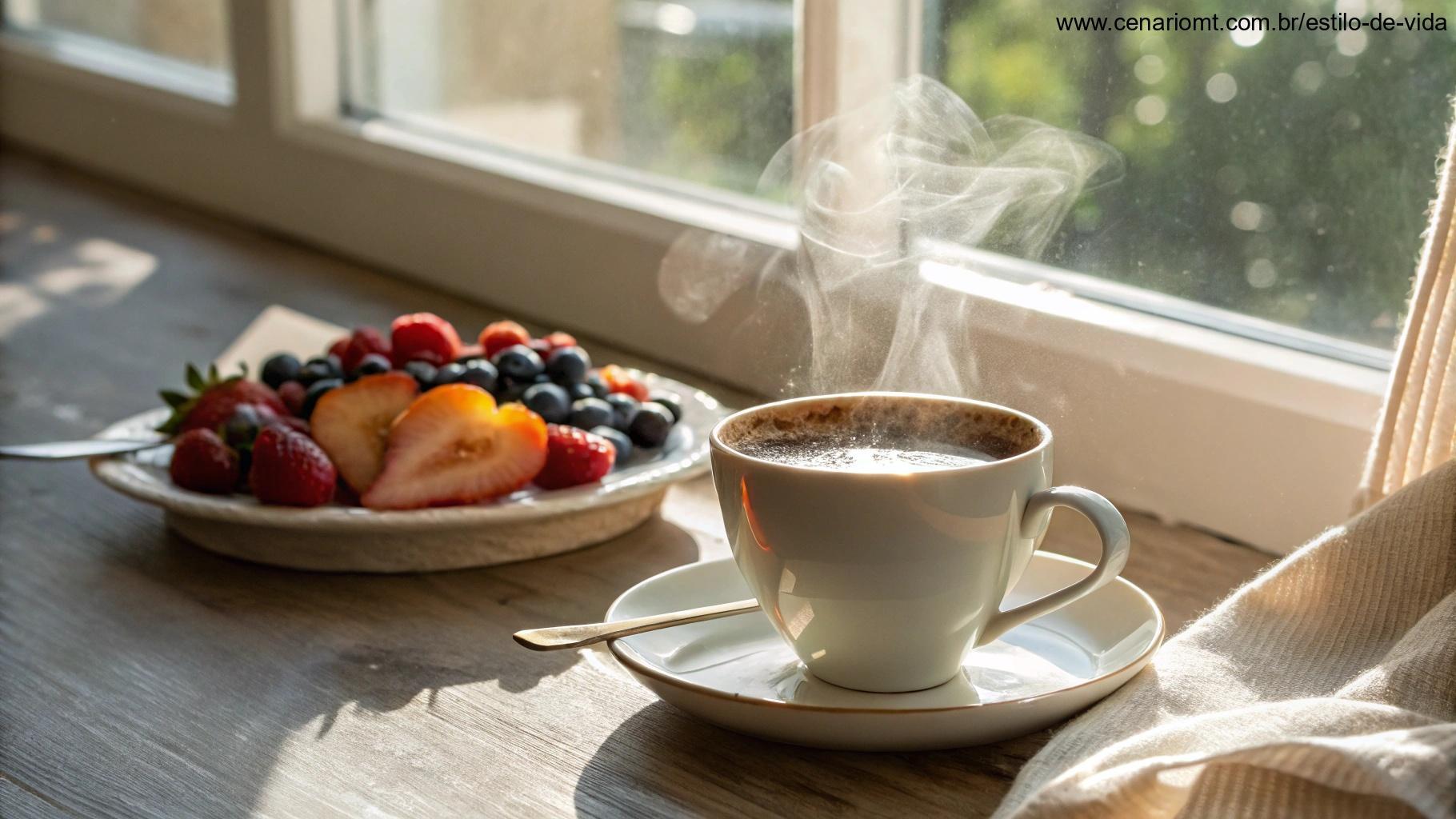 Cena acolhedora de café da manhã com uma xícara de café fumegante, um prato de frutas frescas e luz suave entrando pela janela, simbolizando paz e felicidade.