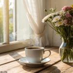 Cena de manhã de domingo tranquila com raios de sol, café e flores.