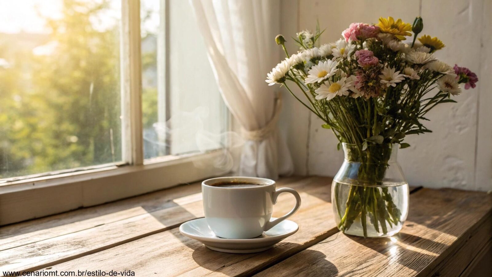 Cena de manhã de domingo tranquila com raios de sol, café e flores.