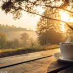 Cena tranquila de manhã de domingo com luz dourada, xícara de café e ambiente sereno.