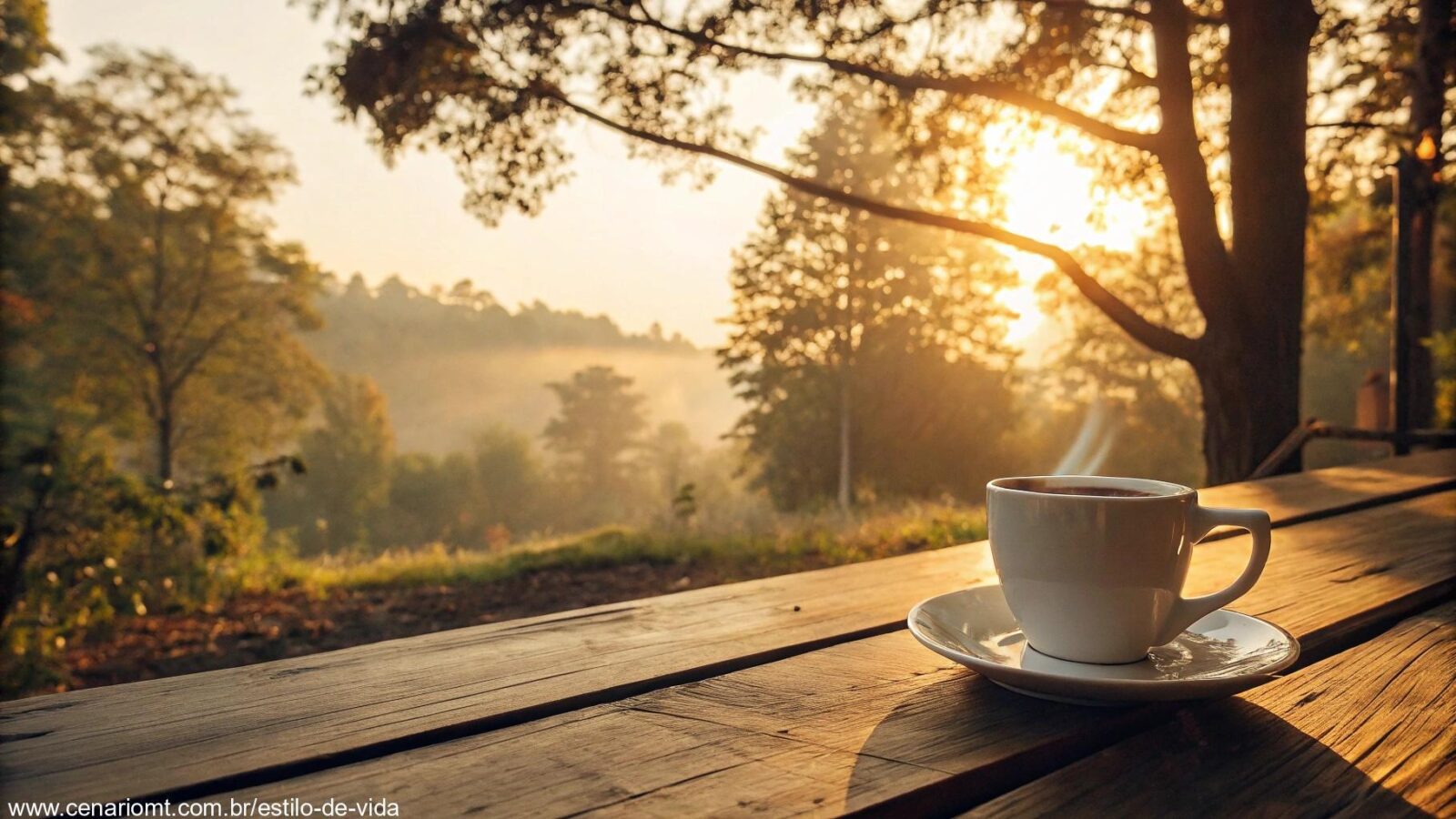 Cena tranquila de manhã de domingo com luz dourada, xícara de café e ambiente sereno.