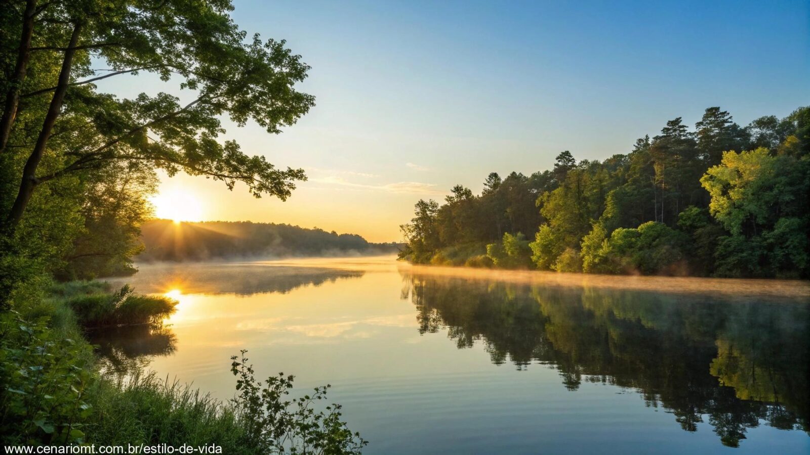 Nascer do sol sereno sobre um lago calmo com luz dourada refletindo na água, cercado por árvores verdes e um céu azul claro, transmitindo paz e inspiração para um novo dia.