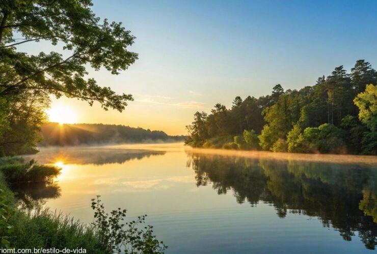 Nascer do sol sereno sobre um lago calmo com luz dourada refletindo na água, cercado por árvores verdes e um céu azul claro, transmitindo paz e inspiração para um novo dia.