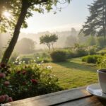 Cena tranquila de manhã com café e jardim ensolarado.