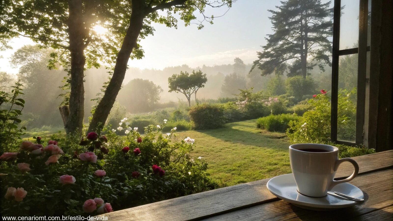 Cena tranquila de manhã com café e jardim ensolarado.