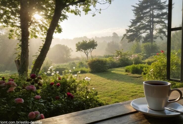 Cena tranquila de manhã com café e jardim ensolarado.