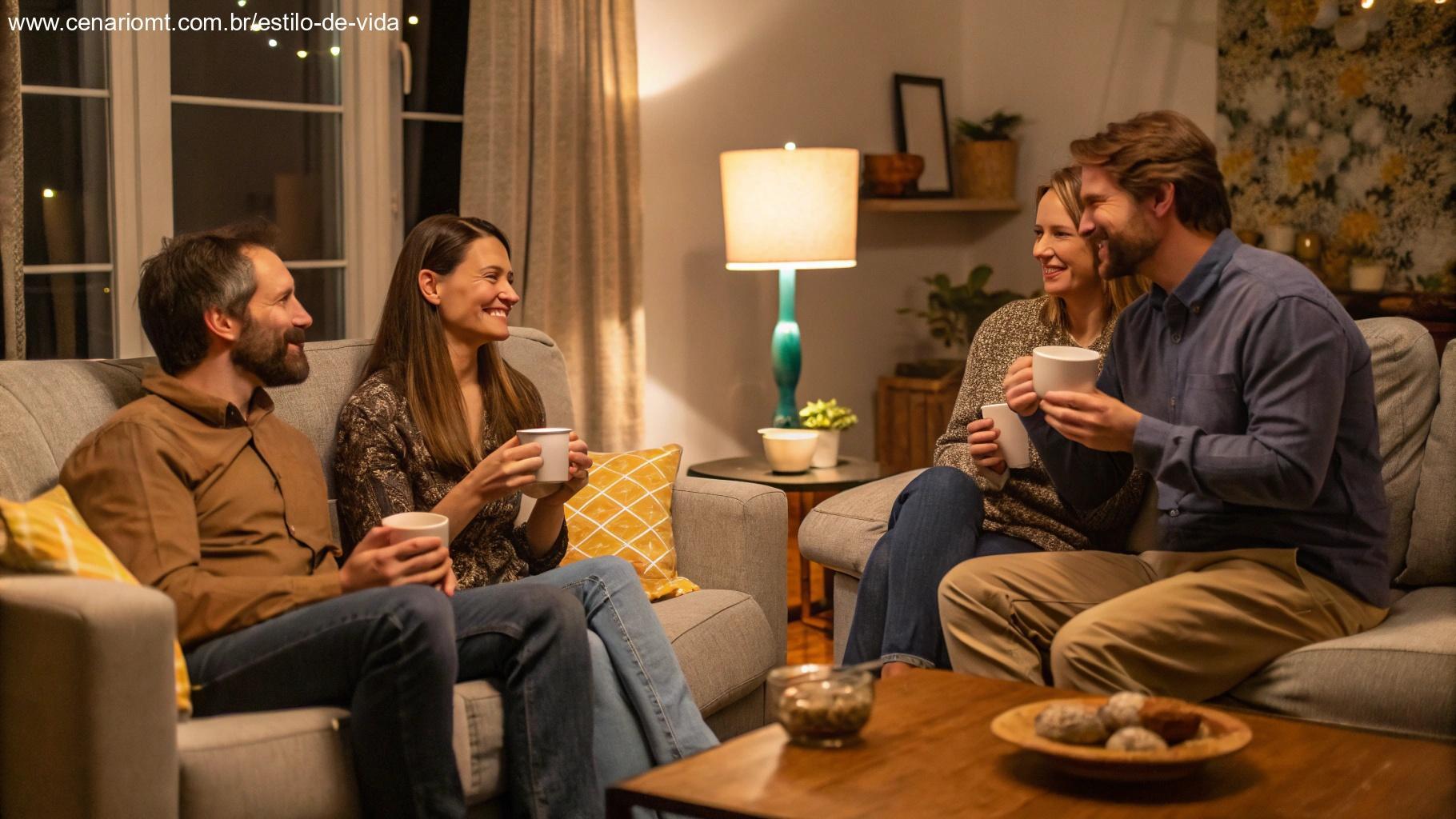 Pessoas conversando de forma amigável em um ambiente acolhedor com café.