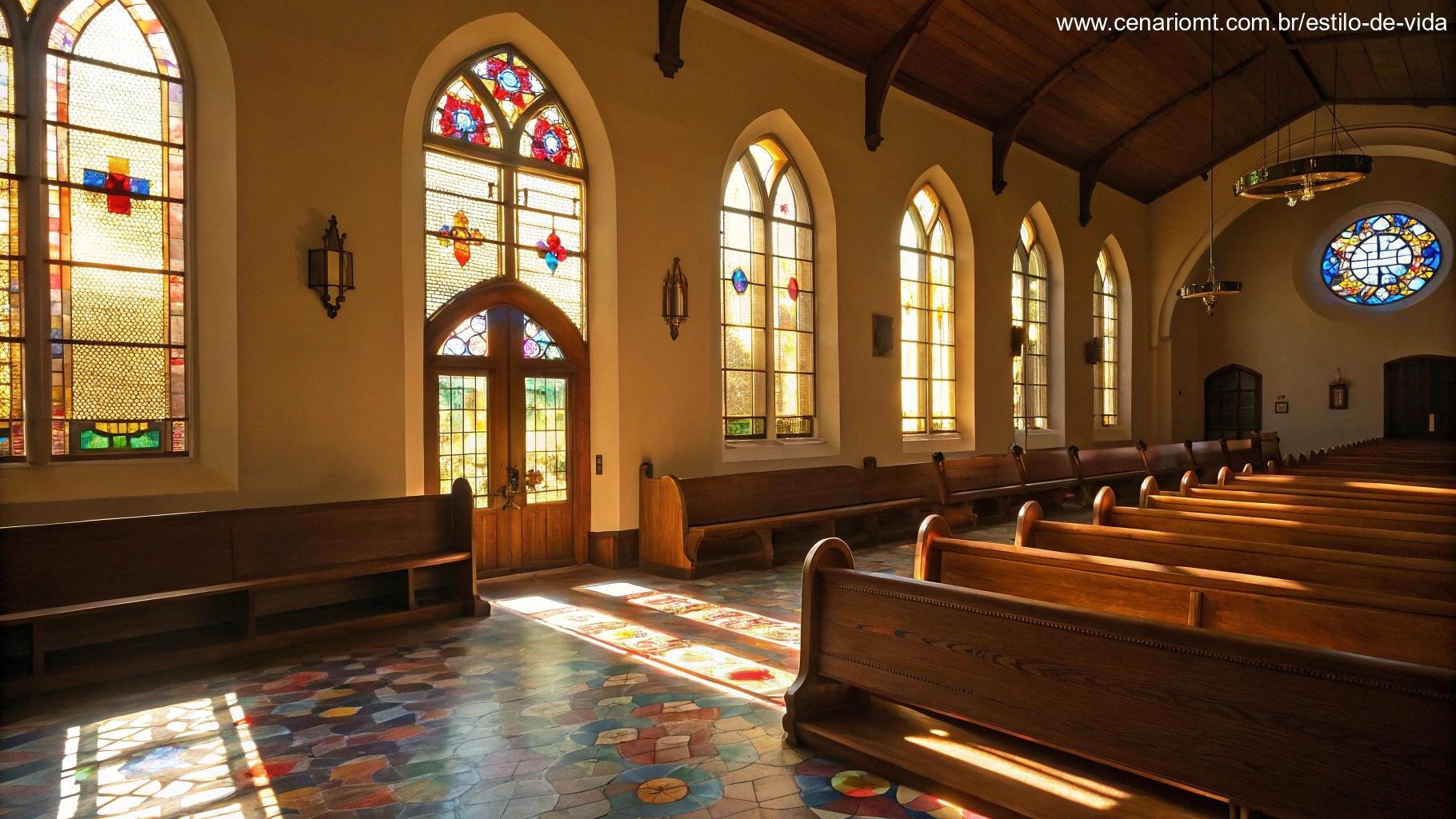 Interior acolhedor de uma igreja com luz suave filtrando pelas janelas de vitral.