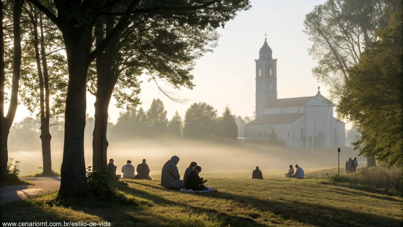 Imagem de uma manhã serena com raios de sol suaves e um grupo reunido em oração diante de uma igreja.