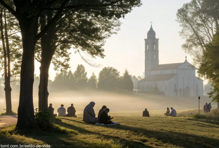 Imagem de uma manhã serena com raios de sol suaves e um grupo reunido em oração diante de uma igreja.