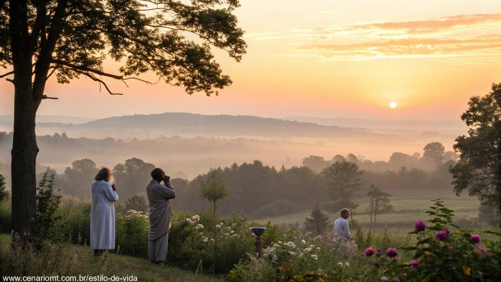 Imagem de um nascer do sol tranquilo sobre uma paisagem rural com pessoas em oração em meio à natureza.