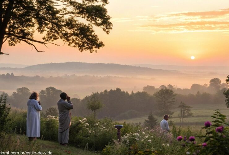 Imagem de um nascer do sol tranquilo sobre uma paisagem rural com pessoas em oração em meio à natureza.