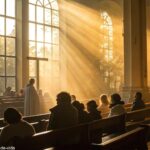 Cena serena de uma manhã com luz dourada entrando por uma janela de igreja, pessoas em oração silenciosa.