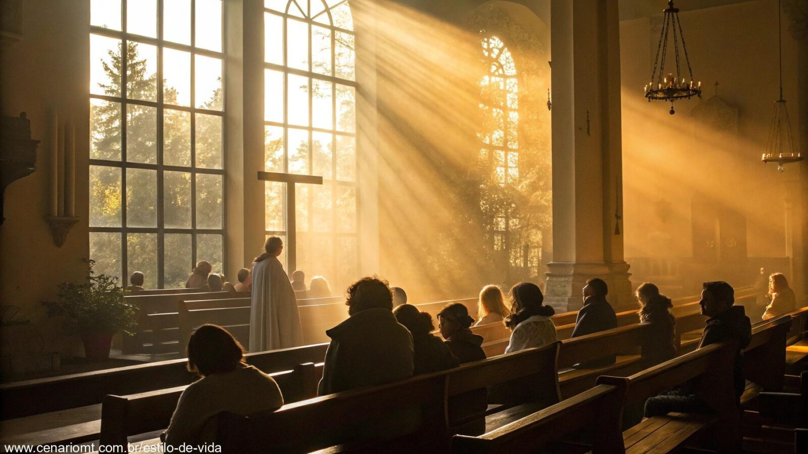 Cena serena de uma manhã com luz dourada entrando por uma janela de igreja, pessoas em oração silenciosa.