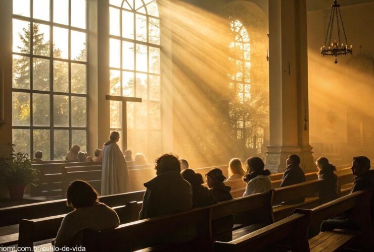 Cena serena de uma manhã com luz dourada entrando por uma janela de igreja, pessoas em oração silenciosa.