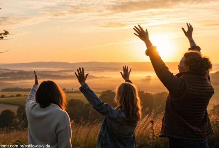 Grupo religioso orando ao amanhecer em um campo tranquilo