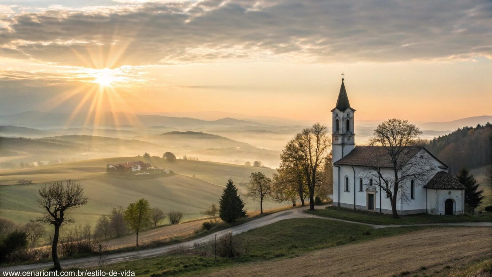Um amanhecer tranquilo sobre uma igreja, com raios de luz suave iluminando uma paisagem rural, simbolizando esperança e um novo começo para um grupo religioso no domingo pela manhã.