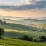 Imagem serena do amanhecer iluminada pela luz suave do sol, com elementos de campo tranquilo, representando um começo de dia com reflexão e oração.