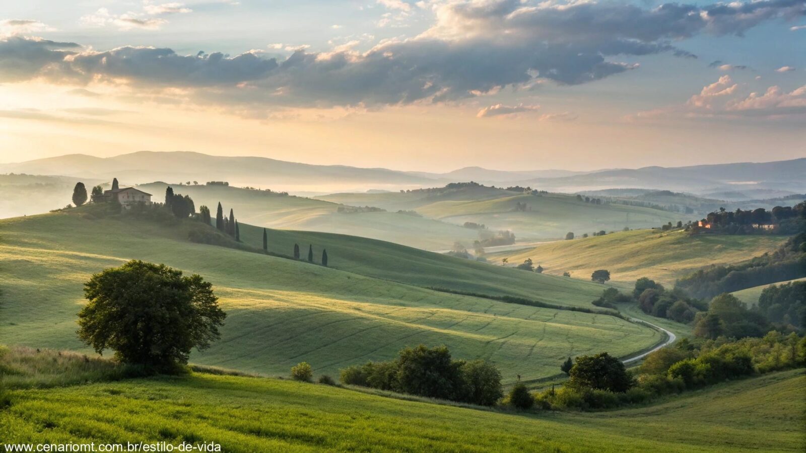 Imagem serena do amanhecer iluminada pela luz suave do sol, com elementos de campo tranquilo, representando um começo de dia com reflexão e oração.