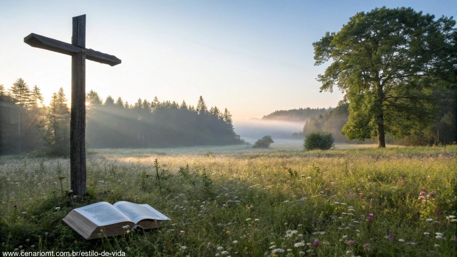 Cenário tranquilo com luz suave filtrando através das árvores, perfeito para um encontro de grupo religioso. Inclui um campo com flores, uma cruz de madeira e uma Bíblia aberta no chão.