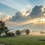 Paisagem serena de manhã com luz suave surgindo através das nuvens, transmitindo uma sensação de paz e esperança.