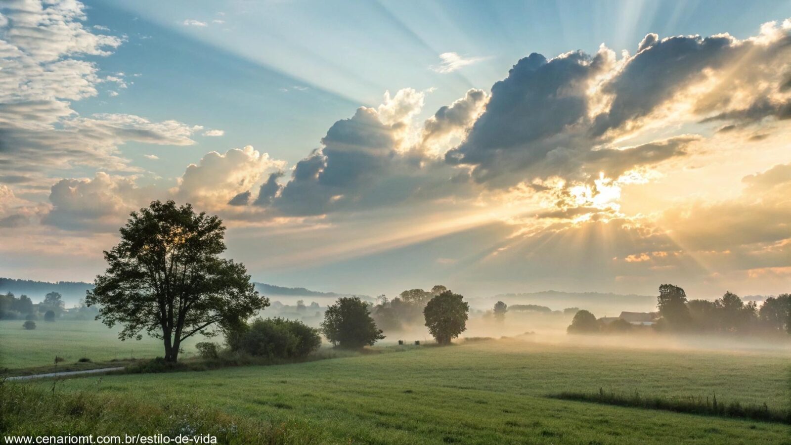 Paisagem serena de manhã com luz suave surgindo através das nuvens, transmitindo uma sensação de paz e esperança.