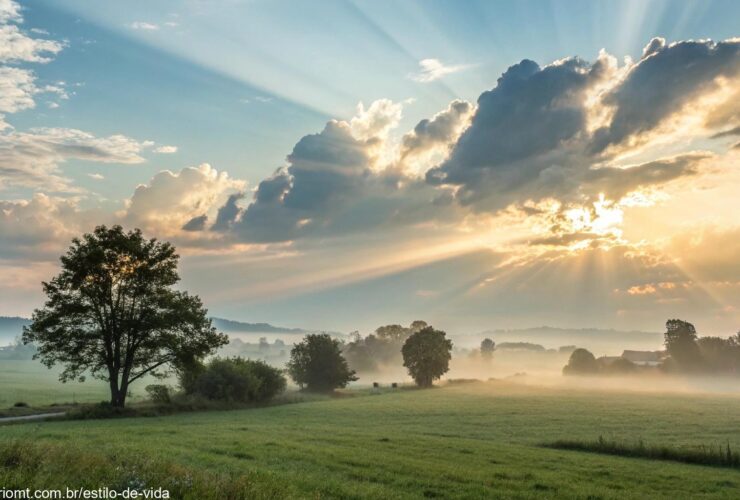 Paisagem serena de manhã com luz suave surgindo através das nuvens, transmitindo uma sensação de paz e esperança.
