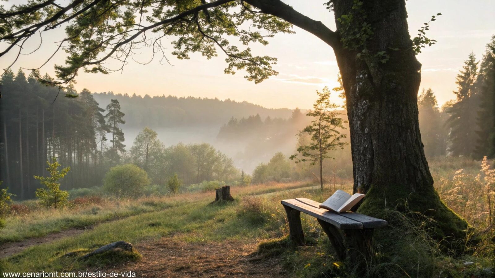 Cena serena de manhã com luz suave filtrando através das árvores em uma floresta, simbolizando um começo calmo para o dia.