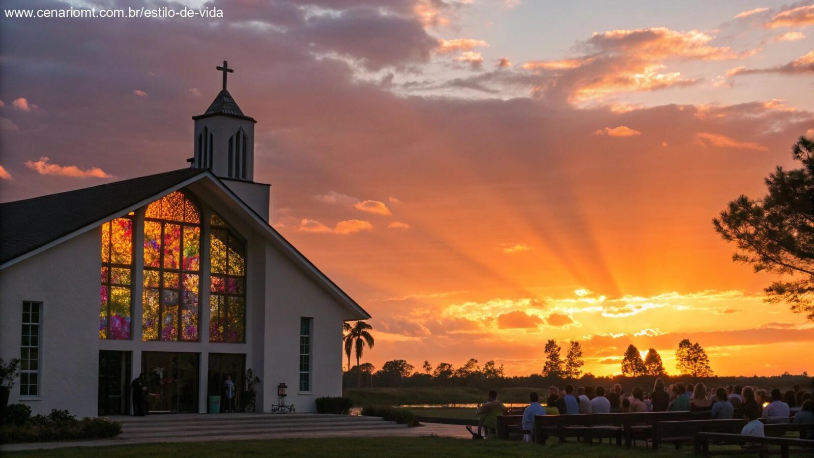 Imagem de um amanhecer sereno sobre uma igreja, com raios de luz passando pelas janelas de vitral. Um grupo de pessoas está reunido em um ambiente espiritual e calmo.