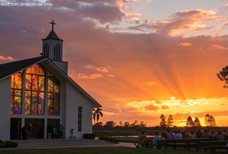 Imagem de um amanhecer sereno sobre uma igreja, com raios de luz passando pelas janelas de vitral. Um grupo de pessoas está reunido em um ambiente espiritual e calmo.