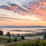 Imagem de um amanhecer tranquilo sobre uma paisagem serena, com cores suaves preenchendo o céu, simbolizando esperança e um novo começo para um grupo religioso na manhã de quinta-feira.
